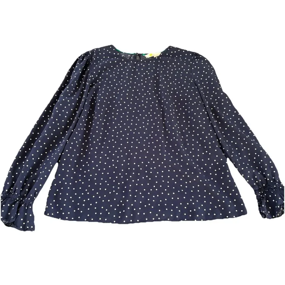 Boden Women's 100% Viscose Navy with White Polka Dot Long Puff Sleeve Blouse